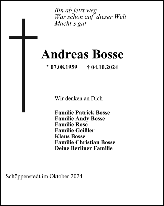 Traueranzeige von Andreas Bosse von Wolfenbütteler Zeitung