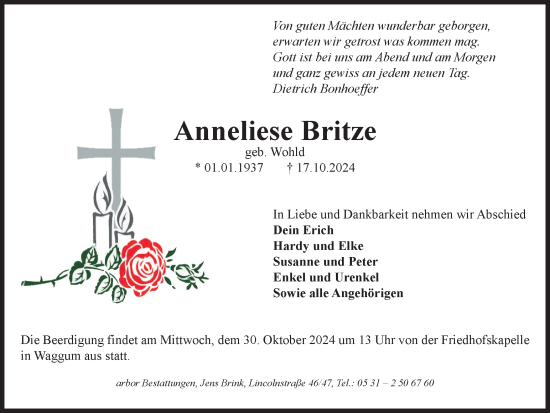 Traueranzeige von Anneliese Britze von Braunschweiger Zeitung