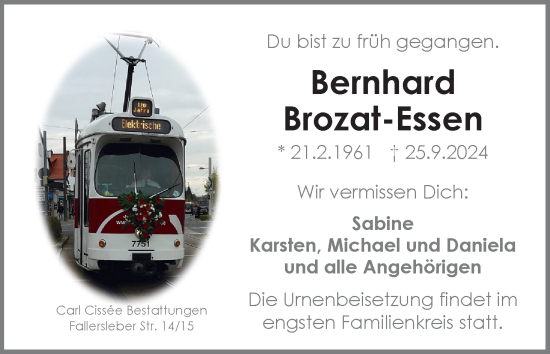 Traueranzeige von Bernhard Brozat-Essen von Neue Braunschweiger am Samstag