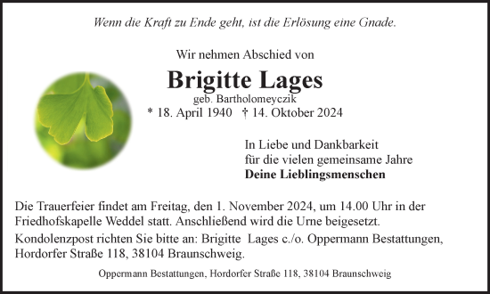 Traueranzeige von Brigitte Lages von Braunschweiger Zeitung
