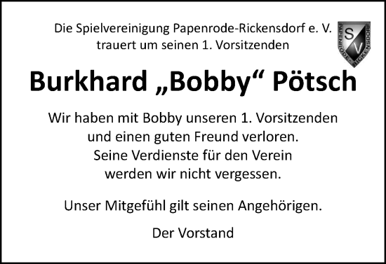 Traueranzeige von Burkhard  Pötsch von Helmstedter Nachrichten