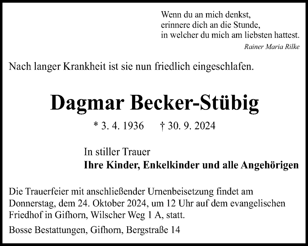  Traueranzeige für Dagmar Becker-Stübig vom 12.10.2024 aus Braunschweiger Zeitung