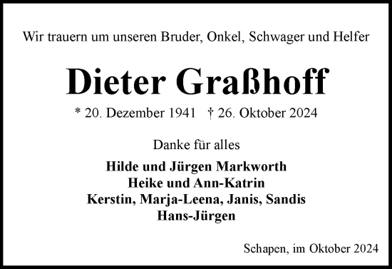 Traueranzeige von Dieter Graßhoff von Braunschweiger Zeitung
