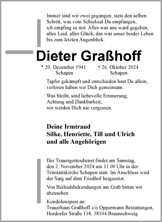 Traueranzeige von Dieter Graßhoff von Braunschweiger Zeitung