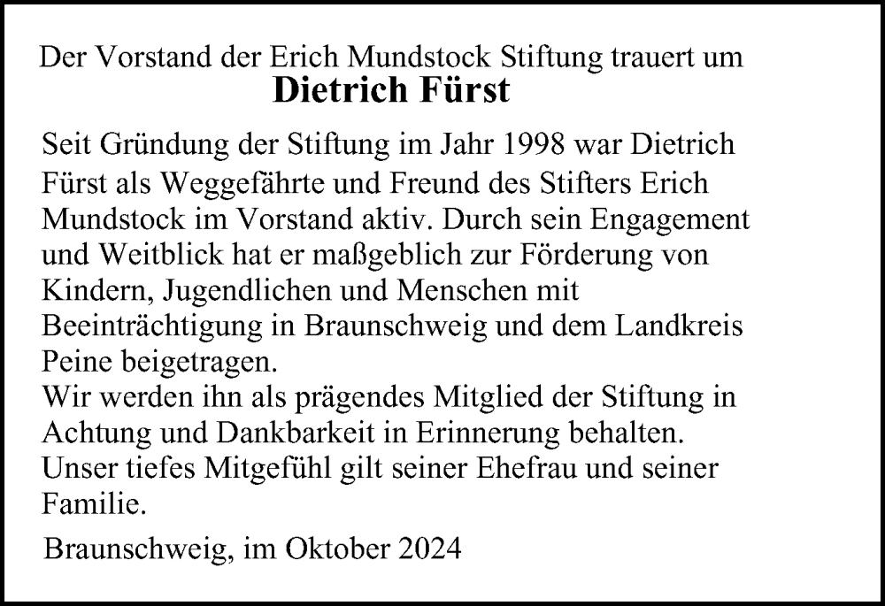  Traueranzeige für Dietrich Fürst vom 25.10.2024 aus Braunschweiger Zeitung