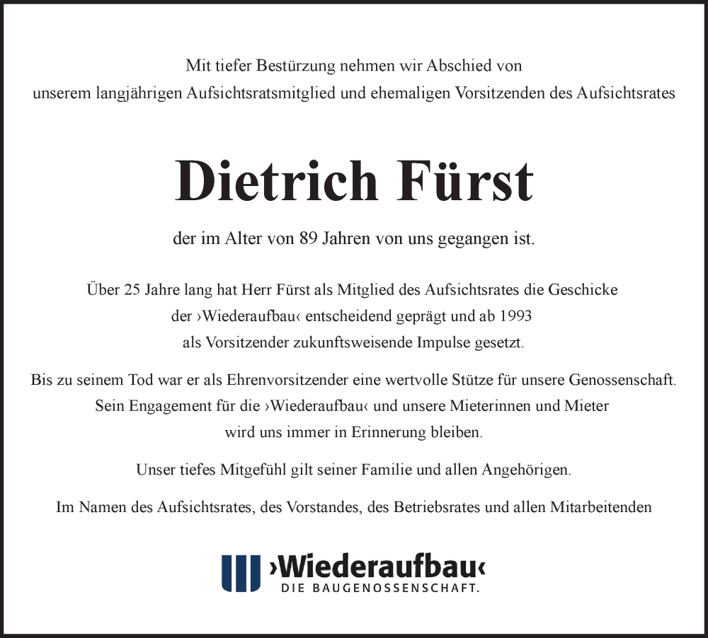  Traueranzeige für Dietrich Fürst vom 19.10.2024 aus Braunschweiger Zeitung