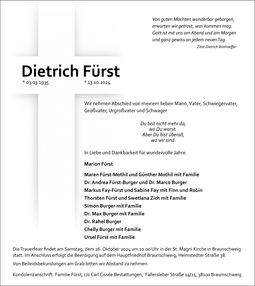  Traueranzeige für Dietrich Fürst vom 19.10.2024 aus Braunschweiger Zeitung