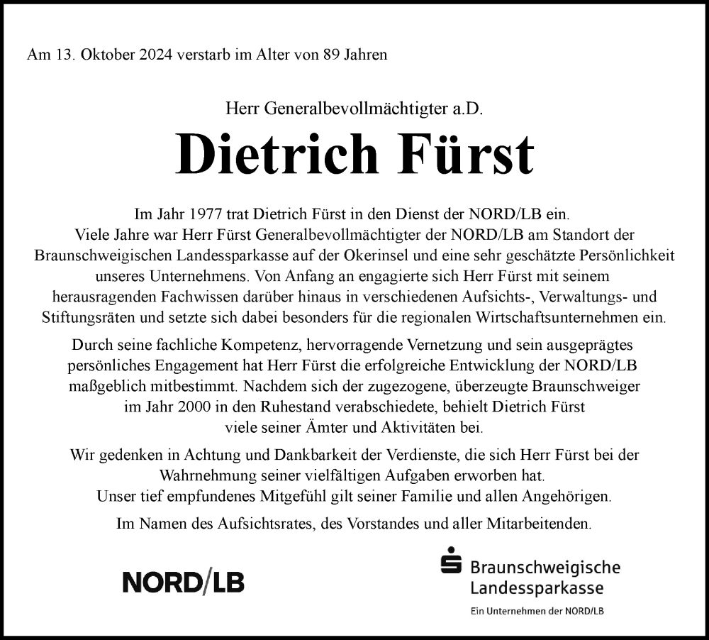  Traueranzeige für Dietrich Fürst vom 19.10.2024 aus Braunschweiger Zeitung