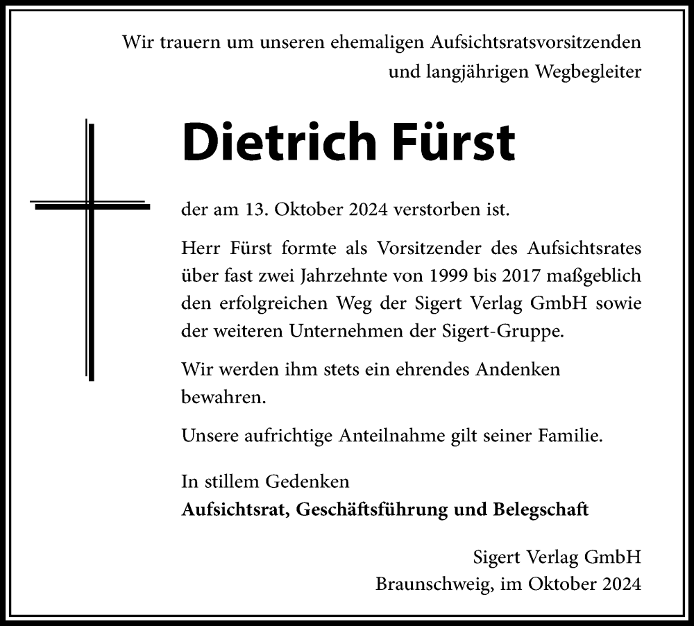  Traueranzeige für Dietrich Fürst vom 19.10.2024 aus Braunschweiger Zeitung