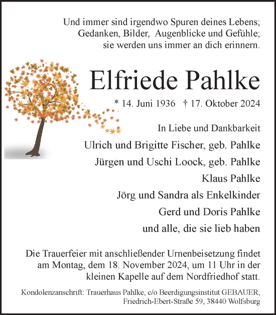 Traueranzeige von Elfriede Pahlke von Wolfsburger Nachrichten