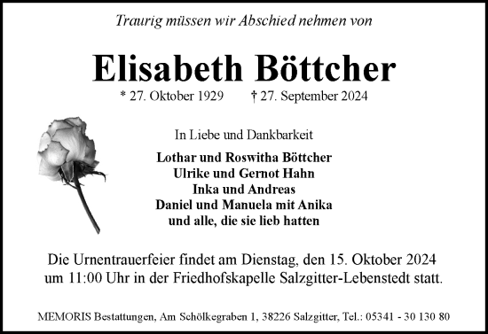 Traueranzeige von Elisabeth Böttcher von Salzgitter-Zeitung