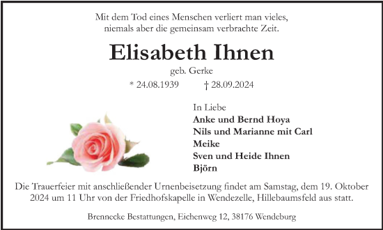 Traueranzeige von Elisabeth Ihnen von Braunschweiger Zeitung