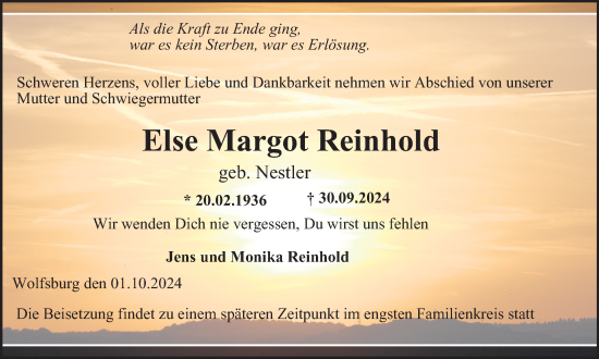Traueranzeige von Else  Reinhold von Wolfsburger Nachrichten