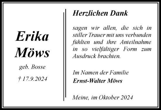 Traueranzeige von Erika Möws von Wolfsburger Nachrichten