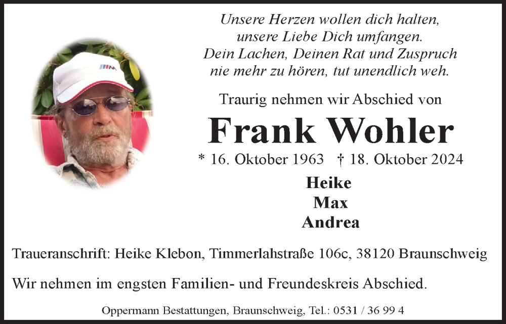  Traueranzeige für Frank Wohler vom 26.10.2024 aus Neue Braunschweiger am Samstag