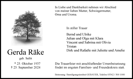 Traueranzeige von Gerda Räke von Wolfsburger Nachrichten
