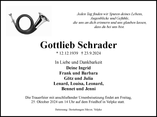 Traueranzeige von Gottlieb Schrader von Wolfsburger Nachrichten