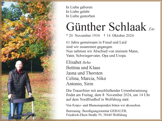 Traueranzeige von Günther Schlaak von Wolfsburger Nachrichten