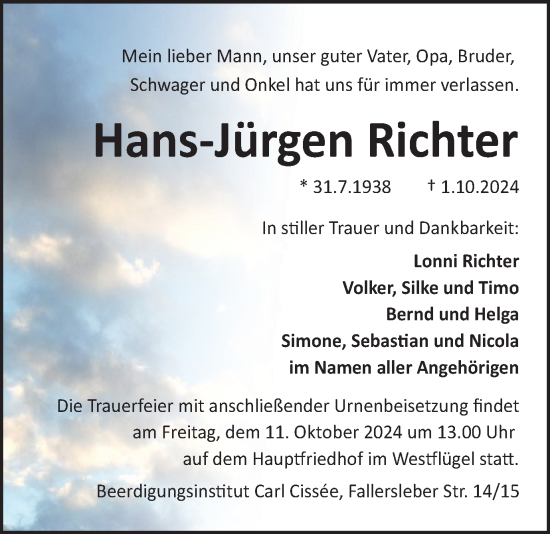 Traueranzeige von Hans-Jürgen Richter von Braunschweiger Zeitung