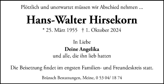 Traueranzeige von Hans-Walter Hirsekorn von Wolfsburger Nachrichten