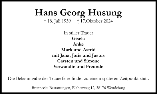 Traueranzeige von Hans Georg Husung von Braunschweiger Zeitung