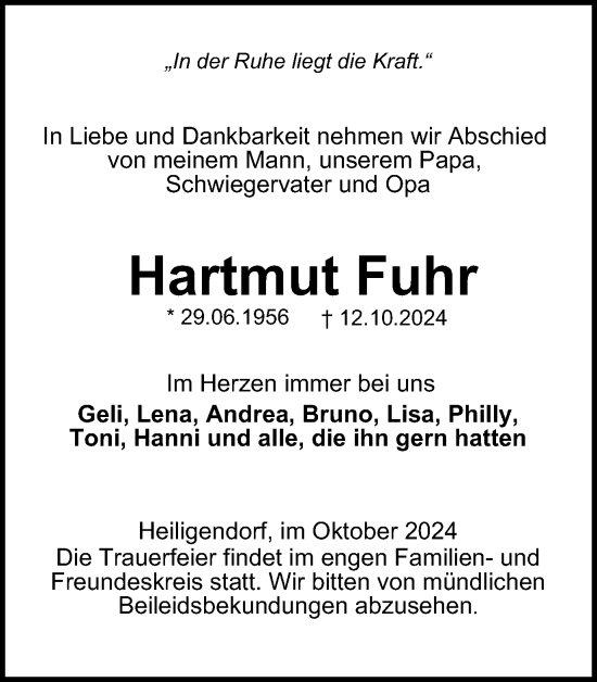 Traueranzeige von Hartmut Fuhr von Wolfsburger Nachrichten
