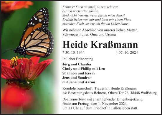 Traueranzeige von Heide Kraßmann von Wolfsburger Nachrichten