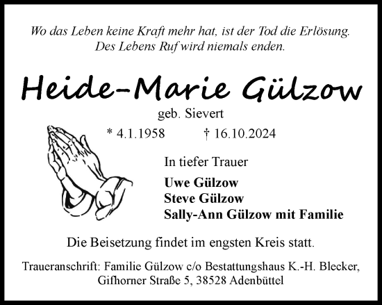 Traueranzeige von Heide-Marie Gülzow von Braunschweiger Zeitung