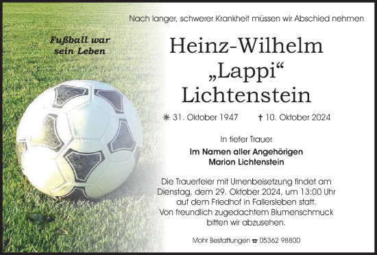 Traueranzeige von Heinz-Wilhelm Lichtenstein von Wolfsburger Nachrichten