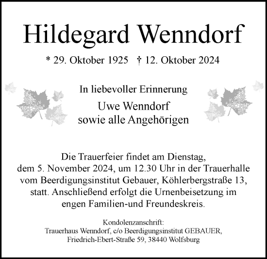 Traueranzeige von Hildegard Wenndorf von Wolfsburger Nachrichten