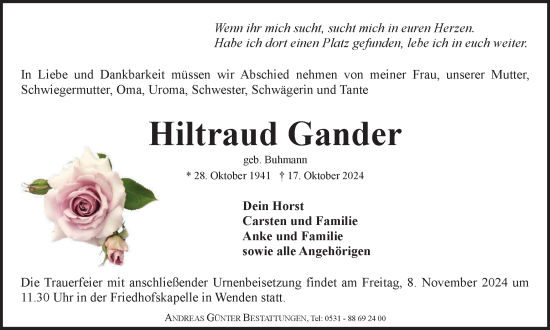 Traueranzeige von Hiltraud Gander von Braunschweiger Zeitung