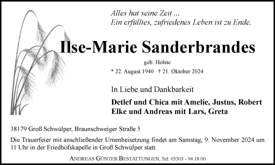Traueranzeige von Ilse-Marie Sanderbrandes von Braunschweiger Zeitung