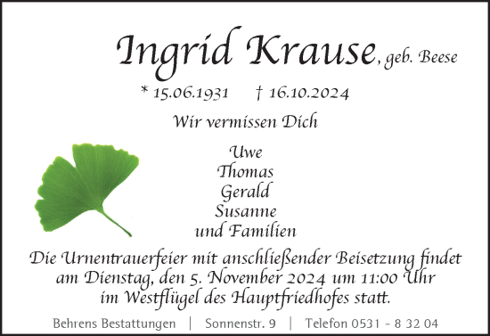 Traueranzeige von Ingrid Krause von Braunschweiger Zeitung