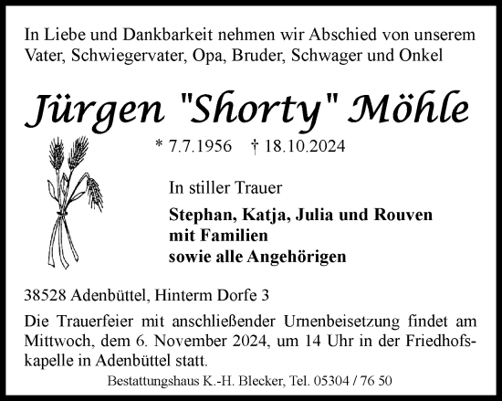 Traueranzeige von Jürgen Möhle von Wolfsburger Nachrichten