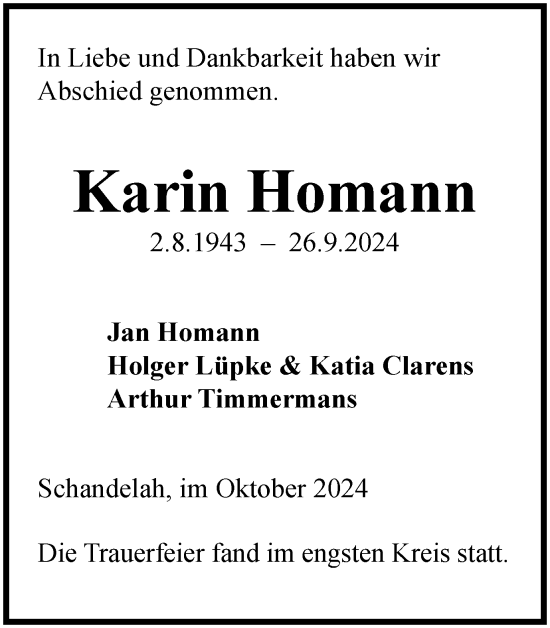 Traueranzeige von Karin Homann von Braunschweiger Zeitung