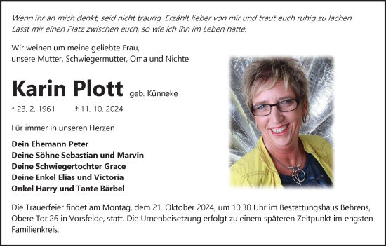 Traueranzeige von Karin Plott von Wolfsburger Nachrichten