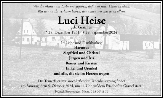 Traueranzeige von Luci Heise von Braunschweiger Zeitung, Helmstedter Nachrichten