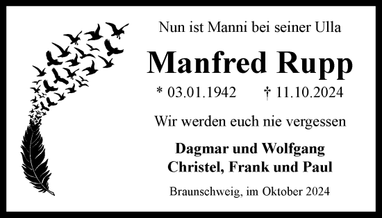 Traueranzeige von Manfred Rupp von Wolfsburger Nachrichten