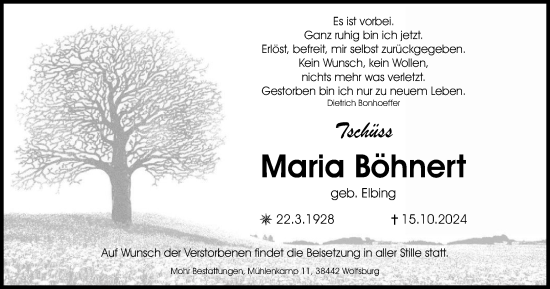 Traueranzeige von Maria Böhnert von Wolfsburger Nachrichten