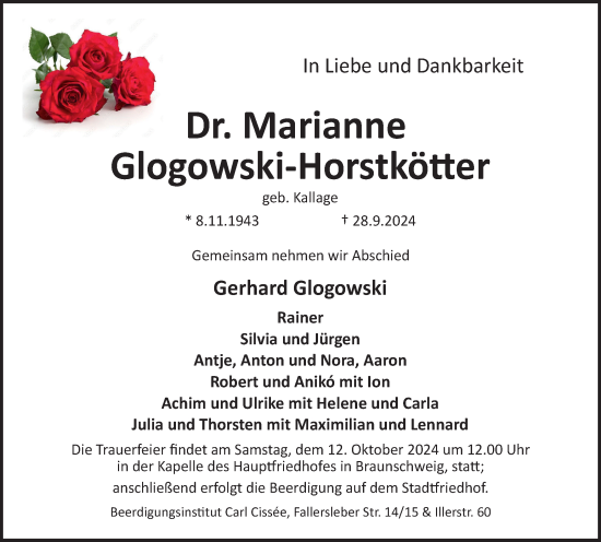 Traueranzeige von Marianne Glogowski-Horstkötter von Braunschweiger Zeitung