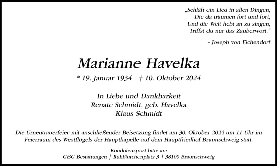 Traueranzeige von Marianne Havelka von Braunschweiger Zeitung
