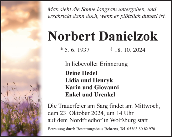 Traueranzeige von Norbert Danielzok von Wolfsburger Nachrichten