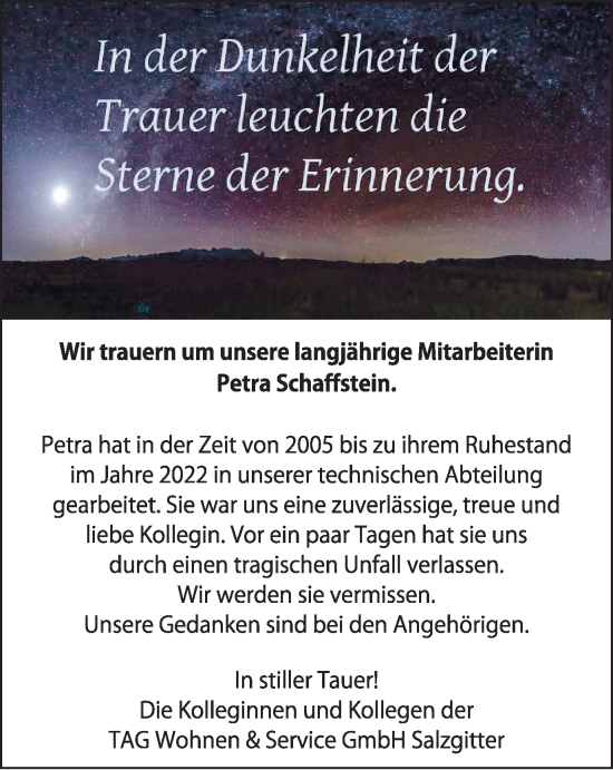 Traueranzeige von Petra Schaffstein von Salzgitter-Zeitung