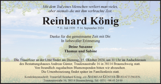 Traueranzeige von Reinhard König von Braunschweiger Zeitung