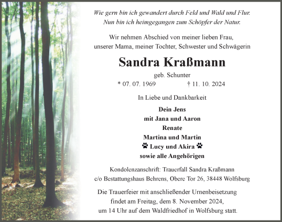Traueranzeige von Sandra Kraßmann von Wolfsburger Nachrichten