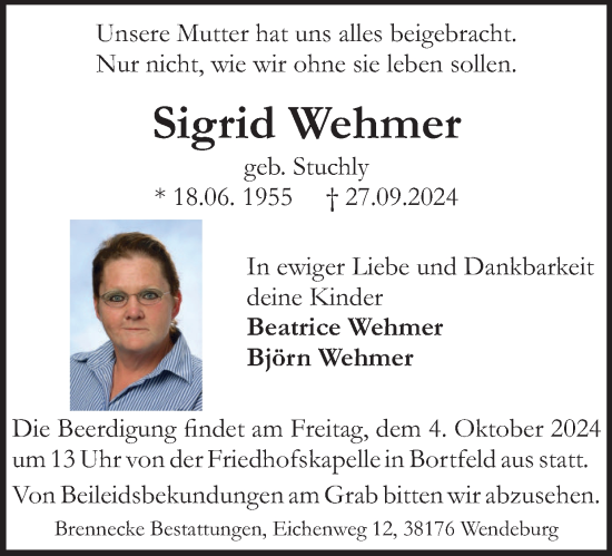Traueranzeige von Sigrid Wehmer von Braunschweiger Zeitung