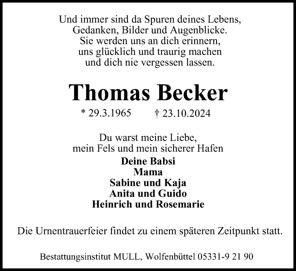  Traueranzeige für Thomas Becker vom 29.10.2024 aus Braunschweiger Zeitung