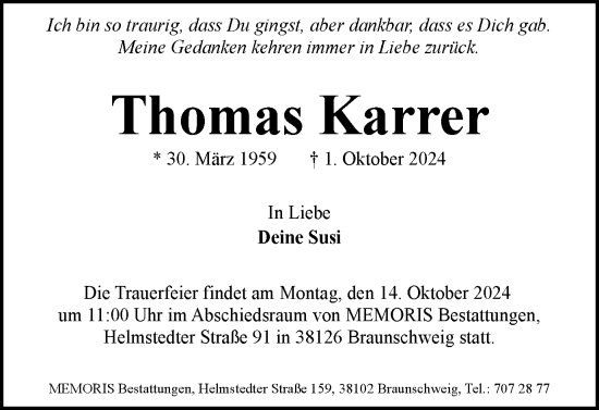 Traueranzeige von Thomas Karrer von Braunschweiger Zeitung