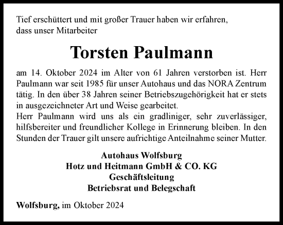 Traueranzeige von Torsten Paulmann von Wolfsburger Nachrichten