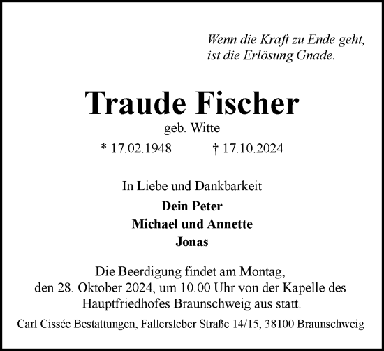 Traueranzeige von Traude Fischer von Braunschweiger Zeitung